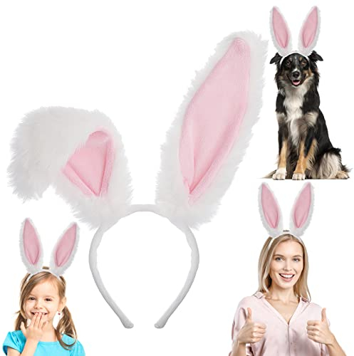 Sibba Bunny Ears Headband Cute Easter Plush Rabbit Ears Hairbands Cosplay Costume Fancy Dress Up Accessories Hair Styling Party Favor Decoration Fluffy Headpiece Christmas Party Adults White&Pink