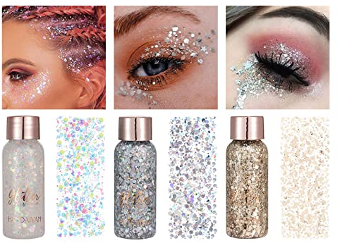 Owelth 3 Colores Gel Purpurina Cara, Glitter Gel Corporal Pelo Cabello Uñas Maquillaje, Chunky Sirena Lentejuelas Purpurina Líquida, para Halloween Festival Masquerade Cumpleaños