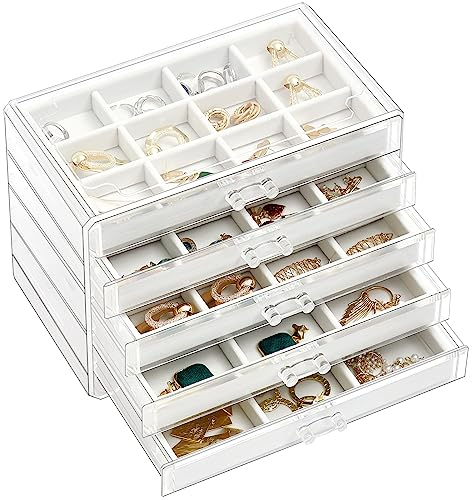 ProCase Schmuckkästchen aus Acryl Schmuckaufbewahrung Jewelry Organizer Schmuckschatulle mit 5 Schubladen Ringe Armbänder Stapelbares Schmucktablett Schmuckkästen- Warmweiß