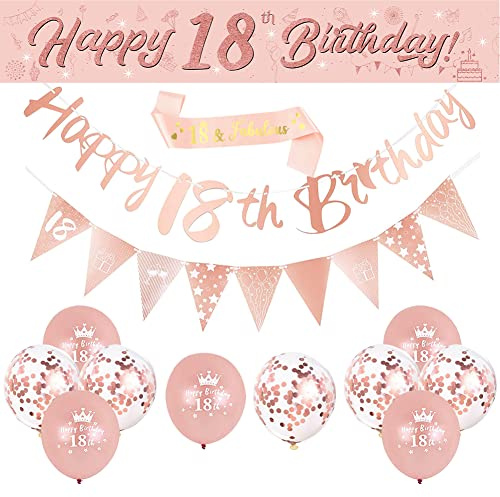 DEARLIVES 14 Pcs 18th Happy Birthday Decor,Rose Gold 18Th BIrthday Party Supplies Including Happy 18TH BIRthday Banners BIRThday Straps Triangle Flag Bunting Confetti Latex Balloons | Banners Straps Triangle Flag Balloons