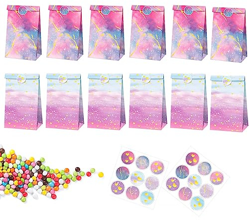 12 Stück Geschenktüten für Kindergeburtstage Mit 18 Aufkleber, Bunte Papier Candy Tüten zum Verpacken von Geschenken, Giveaway, Hochzeit, Mädchen Geburtstagsfeier, Party