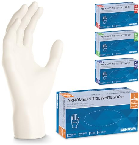 200x ARNOMED® Einweghandschuhe Weiß, Nitril Handschuhe, Einmalhandschuhe L | Nitrilhandschuhe Einweg puderfrei, Gummihandschuhe Einweg, Schutzhandschuhe, Handschuhe Nitril latexfrei, Putzhandschuhe