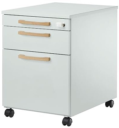 Rollcontainer mit Schubladen, abschließbar & vormontiert, Aktenschrank mit Utensilienauszug, Holz Büroschrank, Schreibtisch Schrank mit Holzgriffen, Büro Unterschrank Hängeregisterauszug lichtgrau