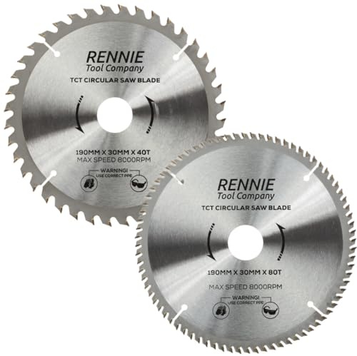 Rennie Tool 190mm x 30mm Bore x 40T & 80T TCT Circular Saw Blades (2 Pack) | Fits Bosch Makita Dewalt Circular Saw Etc. Includes 25mm 20mm & 16mm Bore Reduction Rings. 190mm Wood Saw Blades