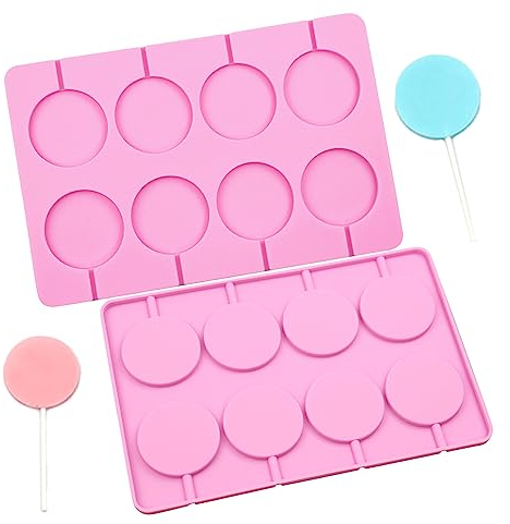 2 PCS Silicone Lollipop Molds - 8-Capacity Hard Candy Molds - Pink Round Chocolate Moulds for Lollipop, Hard Candy, Chocolate, Cake Pop, Ice Cube Sucker