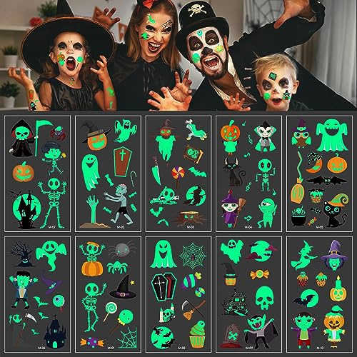 Halloween lumineux tatouage, Tatouage Temporaire Enfant Lumineux, 10 feuilles Halloween Garcon Filles Tatouages Lumineux Imperméables, pour Enfant Décoration de Fête d'Halloween Cadeau