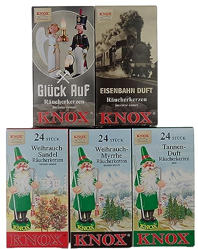 Knox XL Sparpack Räucherkerzen - Glück Auf + Eisenbahn-Duft + Weihrauch-Sandel + Weihrauch Myrrhe + Tannen-Duft/Größe M/Inhalt pro Schachtel 24 Räucherkegel/Duftkegel