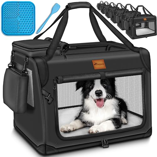 TRESKO® Hundebox faltbar inkl. Leckmatte, Spatel & Reflektoren M 61x42x42cm | Transportbox für Hunde und Katzen | Hundetransportbox Auto für kleine & große Hunde | Hundetasche robust Schwarz