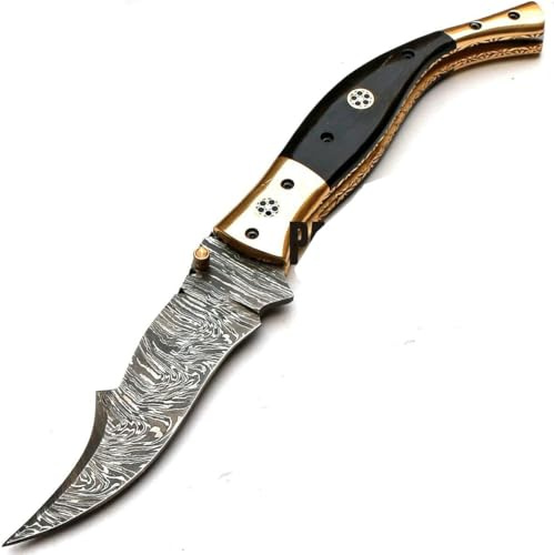 PAL 2000 KNIVES Couteau de poche pliant en acier Damas fait à la main sur mesure avec gaine en cuir - 8735