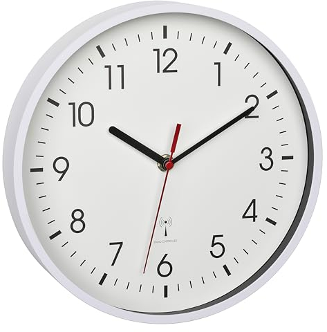 TFA Dostmann analog trådlös väggklocka, 60,3550.02, högsta noggrannhet, modern, analog, glasskydd, för kontor, hem, gåva, 245 x 245 x 42 mm, vit