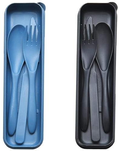Juego de cubiertos de viaje reutilizable con estuche, tenedor de plástico portátil, cuchillo, cuchillo, cubiertos para acampar para la escuela, trabajo, picnic o uso diario (negro +azul)