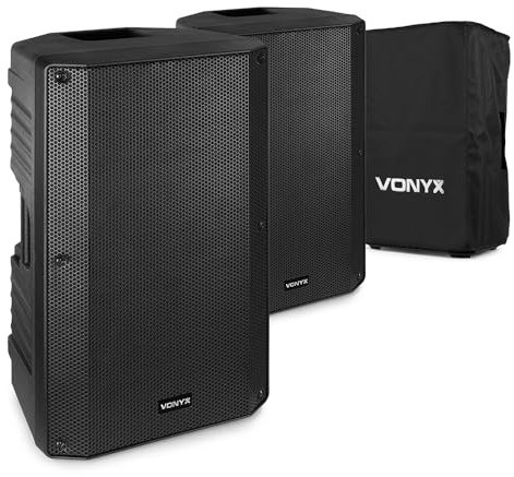 VONYX VSA120S 12 Bluetooth Active DJ Speaker Pair with SC12 Protective Nylon Covers, 800W Portable PA System for DJs & Live Events