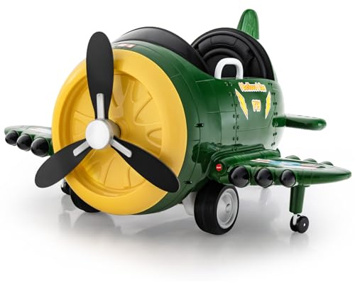 COSTWAY Kinder Elektroauto im Flugzeug-Look, Elektroflugzeug Aufsitz mit Fernsteuerung, Kinderfahrzeug mit Joysticks & Tragflächen & Propeller, Elektroauto für Kinder ab 3 Jahren (Grün + Gelb)