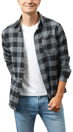 Klassisk rutig skjorta för män – 100 % bomull skogsarbetare rutig topp, andningsbar och avslappnad långärmad t-shirt blus, Gråsvart, M