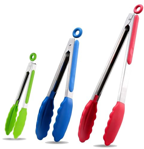 Kitchen Tongs 7 & 9 & 12 Inch Silicone Tip Tong Non-Slip Stainless Steel Tongs Easy Grip Food Grade Tong for Cooking, BBQ, Serving, Heat Resistant,3 Colour