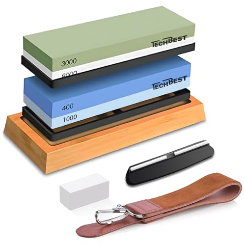 TechBest Whetstone Knife Sharpener - Dual Grit 400/1000 3000/8000 Knife Sharpening Stone Kit with Non-Slip Rubber Base, Angle Guide, Flattening Stone, and Leather Strop