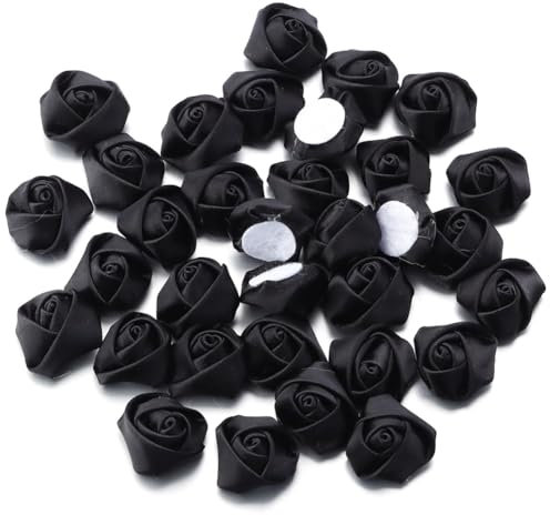 Wisafory Set di 20 mini rose di raso, fiori artificiali, rose, rose, rose, decorazioni floreali, per fai da te, scrapbooking, accessori per capelli, colore nero, 2 cm