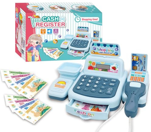Kasse Spielzeug mit Scanner Licht Geräuschen Kaufladen Zubehör, Spielzeugkasse Kinderkassen Kinderkasse Zählen Scannen Drucken von Quittungen Lernen für Mädchen