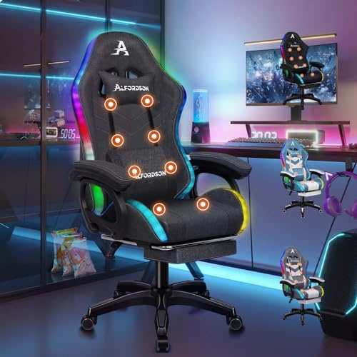 ALFORDSON Gaming Stuhl Gamer Stühle RGB LED Racing Gamer-Stuhl Sessel Massage Bürostuhl ergonomisch Fußstützen, Schreibtischstuhl, Neigungswinkel 90-150°,180 kg belastbar, Stoff, Grau