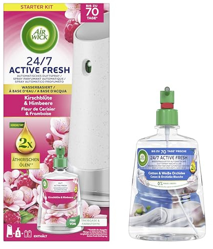 Air Wick Active Fresh Wasserbasiertes Automatisches Duftspray Starter Set inklusive Nachfüller 1x228ml Kirschblüte & Himbeere & 1x 228ml Cotton & Weiße Orchidee