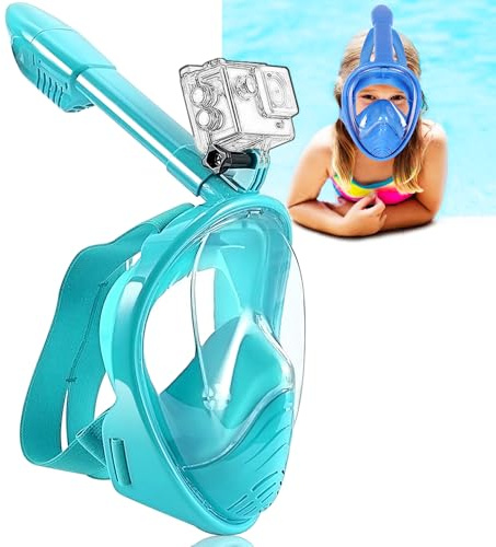 HINATAA Masque de Plongée Enfant Apnée,Anti-Etouffement Masque Plongee Intégral,180°Anti-Buée Anti-Fuite Masque Snorkeling,Lunettes Plongée Débutants 4-12Ans Fille Garçon (Azur)