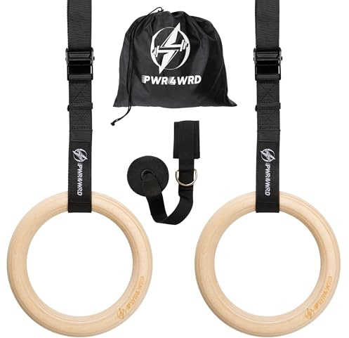PWR4WRD Gymnastic Rings - Durable Home Workout Equipment w/Adjustable Straps & Secure Buckle - Portable 1.25 Olympic Rings for Home & Gym - Exercise Rings for Workout Bodyweight Fitness Training