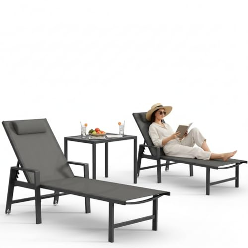 Mucola Aluminium Gartenmöbel Set 2X Sonnenliege und Gartentisch Gartenliege mit Rollen wetterfest, 5-Fach verstellbare Rückenlehne, Liegestuhl inkl. Kopfkissen (200 kg belastbar) Beistelltisch