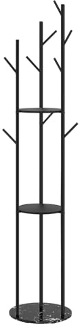 eSituro Appendiabiti, Porta Abiti da Terra a Forma di Albero, con 9 Ganci e 3 Ripiani, Appendiabiti in Metallo con Base in Marmo per Corridoio/Camera da Letto/Ufficio, Nero
