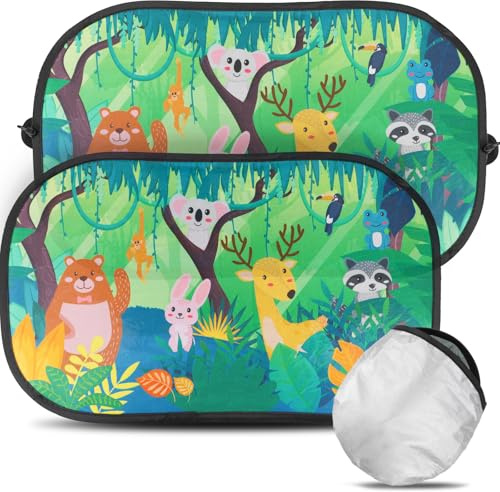 2pcs Parasol Ventanas Traseras Coche Protección UV 51 x 31cm con Ventosa Autoadhesivos, Diseño de Animales Selva para Niños