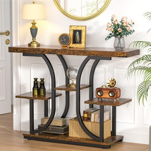 ikkle Konsolentisch, 108 cm Beistelltisch, Flurtisch, Sofatisch, Konsolentisch mit Stauraum im Eingangsbereich, 4-stufiger Schmaler Stück aus Holz für Eingang, Flur, Wohnzimmer, Vintagebraun