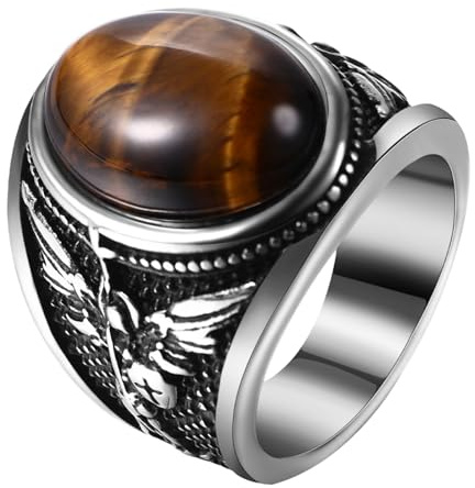 JewelryWe Helig Michael-ring med tigeröga: Rostfritt stål herrring ärängel St Michael ring herr sigillring med brunt ovalt tigeröga retro skydd fingerring skyddshänge smycken storlek 62, Tigeröga