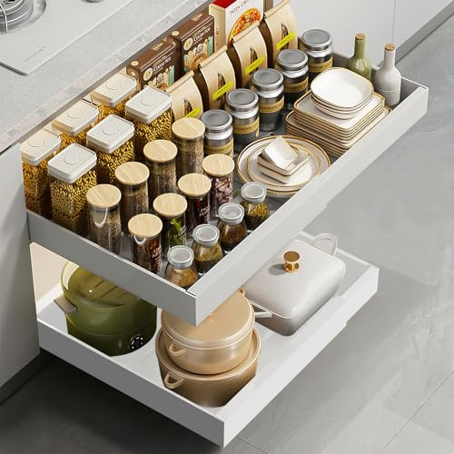 Woobroo Pull Out Cabinet Organiser, Slide Out Kitchen Cupboard Organiser with Adjustable Width 32 to 52 cm, Pull Out Kitchen Storage for Pantry and Bathroom, White