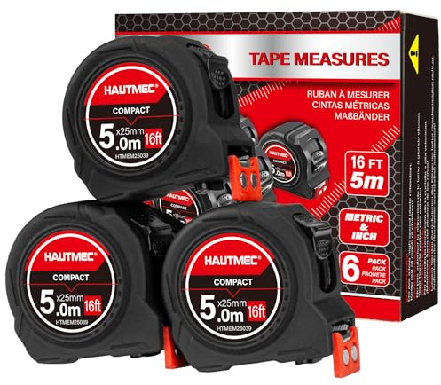 HAUTMEC Tape Measure 5m/16ft 6-Pack with Magnetic Hook & Finger Brake Lock | Fraction 1/8 Dual Metric and Imperial Scale | Compact for Builders, Woodworkers & Wholesale 25039