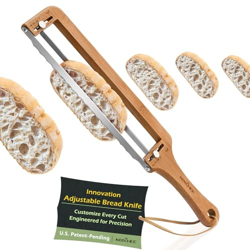 STREAMVOY Trancheuse à pain réglable, couteau à pain domestique avec lame dentelée en acier inoxydable, cadre en bambou, coupe de précision (0,6 cm à 5,1 cm d'épaisseur), utilisation ambidextre, boîte
