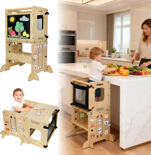 Coozyupper Toddler Kitchen Stool Helper, CPC Certified Foldable Toddler Tower, Learning Wooden Tower with Support Feet and Chalkboard, Anti-Drop Structure, Safe Design for Kids, Natural