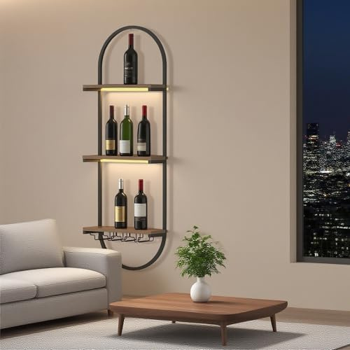 KEPMOGOH Botellero de Madera de 3 Niveles, Estante para Vino de Pared, estantes flotantes de la Unidad de Barra, Soporte para Copas de Vino, para hogar, Bares, vinoteca, Restaurante, 1 Pieza (1)