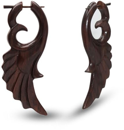 Soul-Cats Holz Ohrringe Handgefertigt – Flügel Motiv, Dunkelbraun, 62x23 mm, Natürlicher Schmuck mit Hornstift