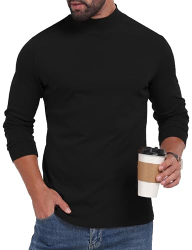 PrinStory Långärmad T-shirt för män, tröja med rund hals, polotröja, lätt stickad tröja, svart, M