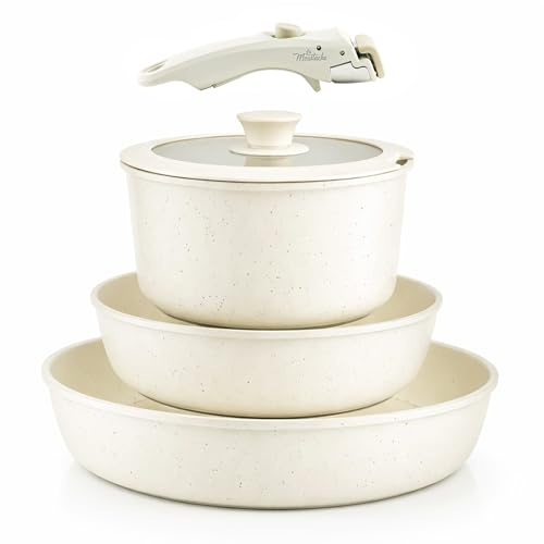 La Moustache - Juego de Olla y Sartenes【5 Piezas】de Aluminio con Antiadherente y Mango Desmontable, Batería de Cocina (Ø18/20/26cm) + Tapa para Todas las Cocinas, Incluso Inducción (Latte Click)