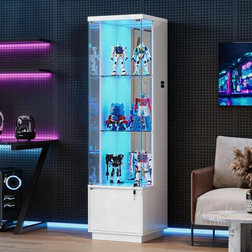 Vitrine mit LED Beleuchtung und Intelligente Sensorik für Wohnzimmer | Eck Kuriositäten Schränke mit Abschließbar Glastüren,Glasvitrine mit 3 Lagen für Schlafzimmer Büro,Studie,Weiß
