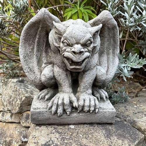 Stone Winged Gargoyle Statue – Heavy Reconstituted Stone Garden Ornament with Antique Finish – Frost-Proof Outdoor Gothic Sculpture for Patio, Pathway, Entrance or Home Decor – 30cm Hand-Finished