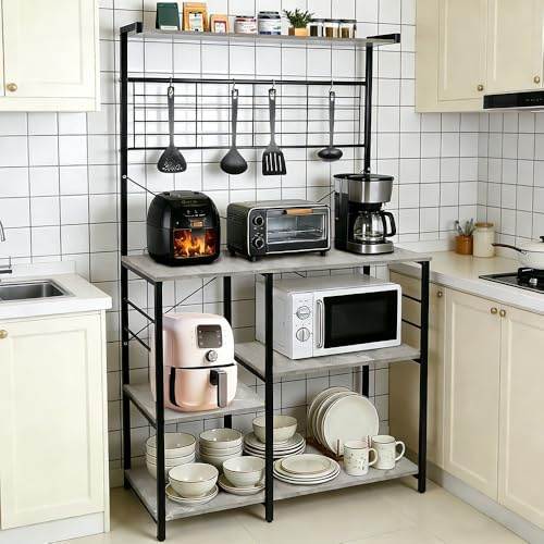 HUOLE Scaffale da cucina, mobile da cucina, bar per caffè con cesto in filo, scaffale per microonde con 8 ganci a S, per cucina, soggiorno, 42 x 90 x 167 cm (B) (aspetto calcareo)