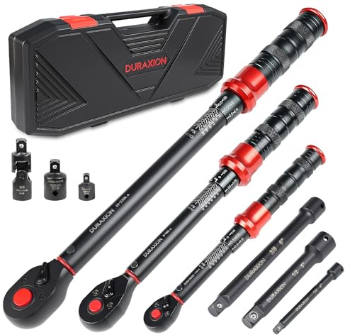 DURAXION 9-tlg Drehmomentschlüssel Set 1/2,3/8,1/4, 20-230,5-70,1-26Nm | für Auto,Motorrad,Fahrrad Reifenwechsel,Klein,±3% Genauigkeit,72 Zahn Ratsche,Klick,mit Universalgelenk+Adapter+Verlängerung