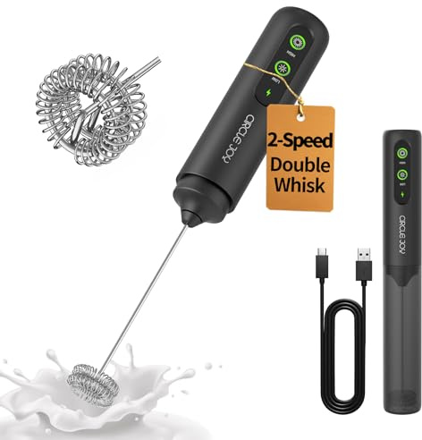 CIRCLE JOY Electric Milk Frother Handheld with Cover, Rechargeable 2 Speed | Dual Coil Whisk Head Electric Coffee Frother, Portable Hand Frother Wand Drink Mixer for Matcha Lattes Cappuccino
