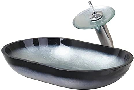 Combo de lavabo de baño gris de lujo, lavabo de vidrio templado pintado a mano con grifo, cuenco artístico de encimera para baños modernos