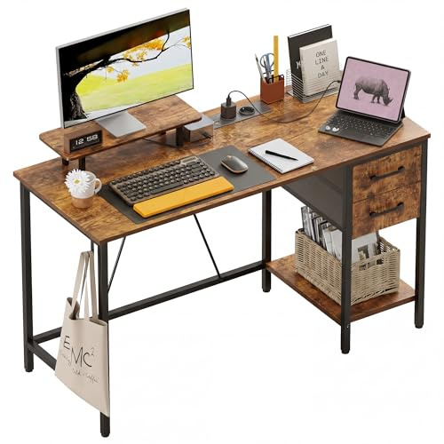Xyphren 120x50cm Skrivbord med eluttag, 2 lådor och avtagbar monitorställare, vändbart datorbord PC bord för hemmakontor, arbetsrum, sovrum, brun