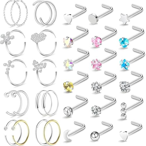 MLPKOI 33 Pcs Nose Studs Nose Rings Set, Hypoallergenic 20G Stainless Steel L-Shaped & Corkscrew Noses Ring Hoop for Women Men Secure & Comfortable Noses Piercing Jewelry