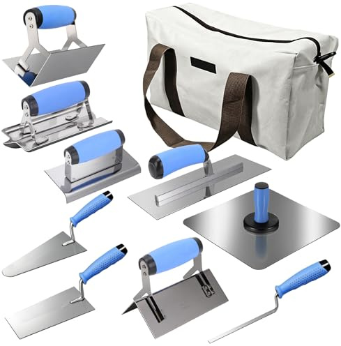 Set de 10 Truelles de Maçon, Kit d’Outils de Plâtrage en Acier Inoxydable avec Manche Souple, Truelle à Joint, Outil à Bordure, Truelle d’Angle, Taloche Maçon et Sac de Rangement pour Maçonnerie