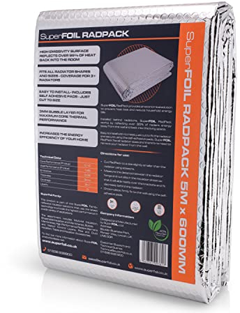 SuperFOIL Radpack Radiator Insulation Reflective Foil - 0.6m x 5m - Enhances Radiator Efficiency - Easy to Install, Adhesive Pads Included