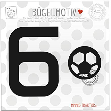 Bügelbild Zahl + Fußball 9,5 cm SCHWARZ Flockfolie Aufbügler Applikationen Bügelsticker für Stoffe Textilien Kinder zum Aufbügeln Flicken, Farbe:6